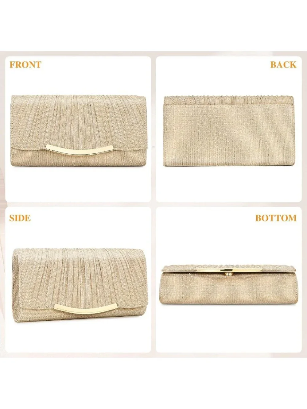Women's Champagne Gold Clutch Purse Formal Evening Bag Wedding Party Handbag